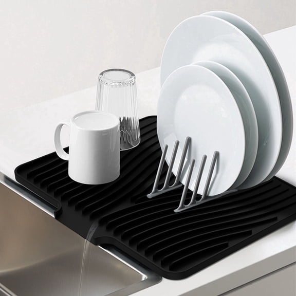 Silicone Dish Drying Mat for Kitchen Counter, 15.8"x13" Heat Resistant Pad with Built-in Drain Lip, Non-Slip, Black