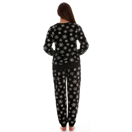 Just Love - #followme Womens Jogger Pajama Pants Set Ultra-Soft Velour PJs (Black - Snowflake