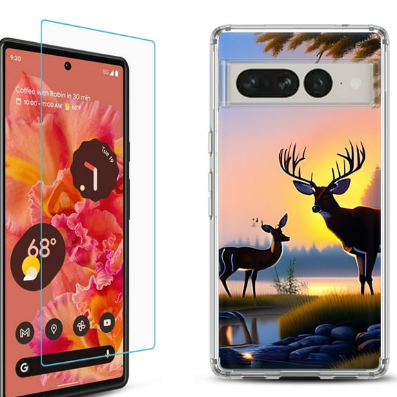 Shockproof Bumper Phone Case for Google Pixel 7, with Tempered Glass Screen Protector, by OneToughShield ® - Deer Sunset