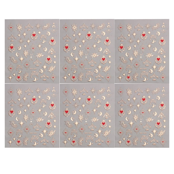 6 pegatinas estereoscópicas 3D para decoración de uñas, pegatinas para uñas con pegamento trasero, dorado, brillante, sol, Luna, estrella, Mang
