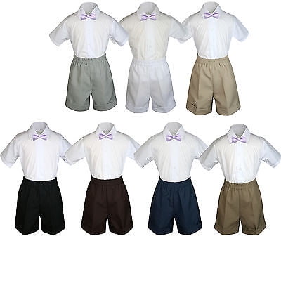 

3pc Set Boy Toddler Formal Party Lilac Bow Tie White Navy Khaki Shorts S-4T