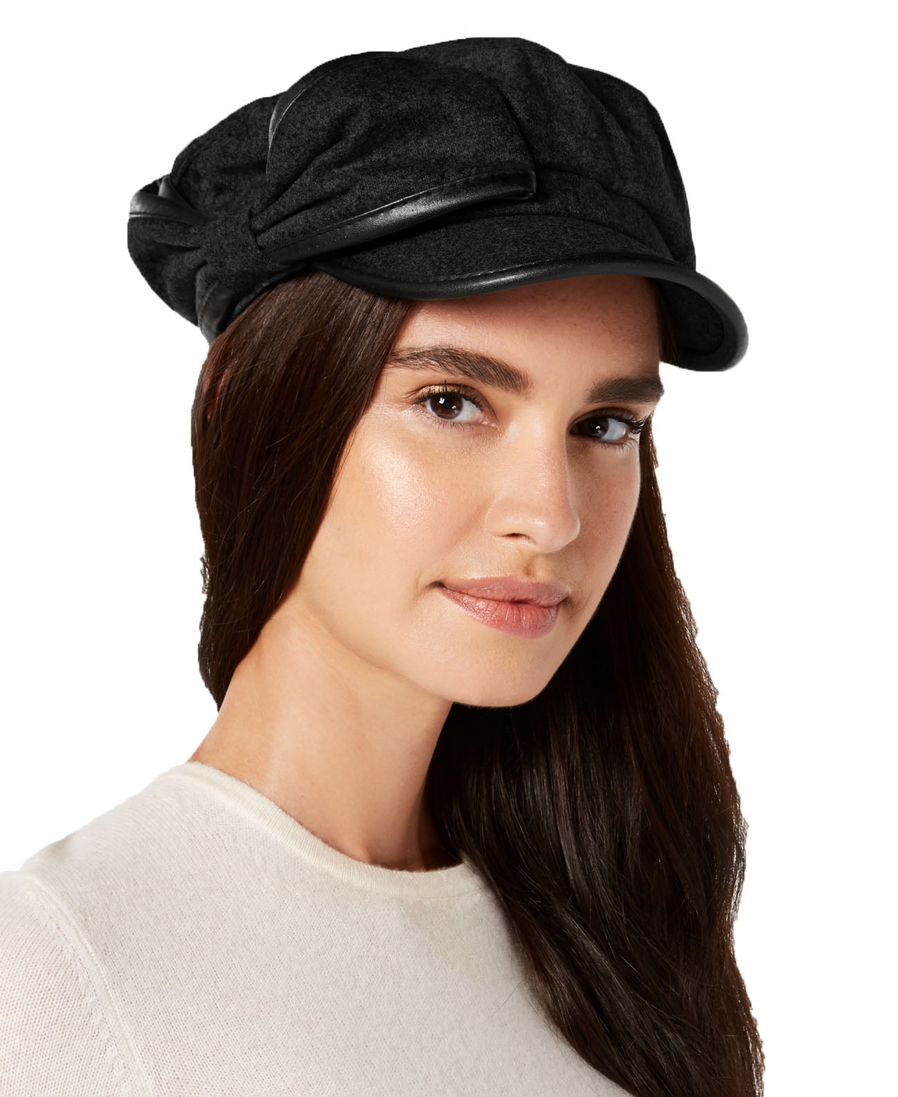 Photo 1 of INC International Concepts Flannel Faux-Leather Newsboy Cap (Black)