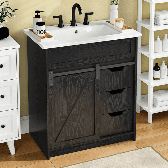 EVOKEDEN 30" Bathroom Vanity with Sink, Bathroom Storage Cabinet with Sliding Barn Door, Farmhouse Bathroom Cabinet with 3 Drawers, Black