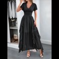 thumbnail image 4 of Vestidos Midi Holgados de Verano para Mujer, Informales, con Escote en V, Volantes, Corta, Dobladillo Irregular, Cintura Alta Negro M, 4 of 7