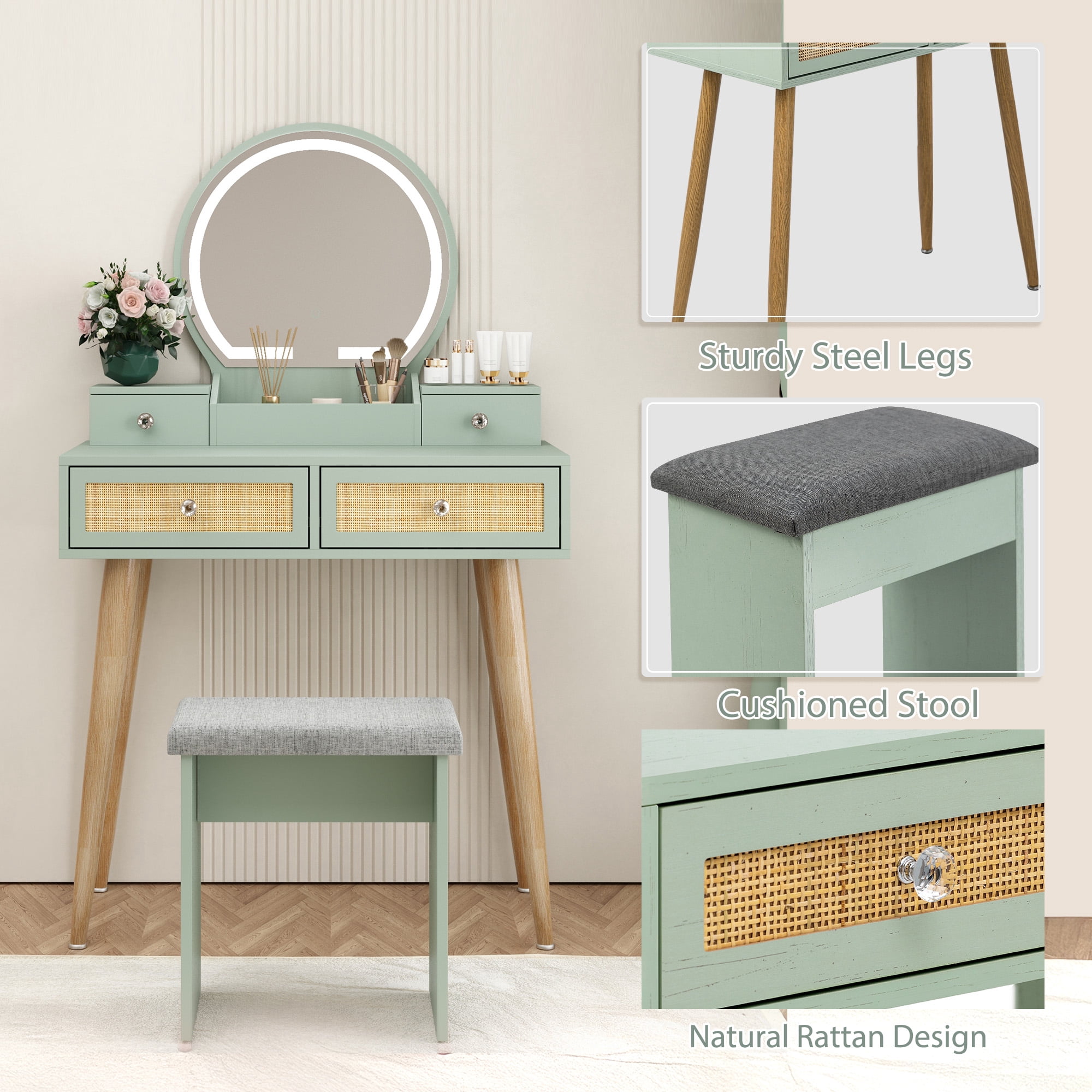 Brafabhome Vintage Boho Vanity Table Set with Adjustable Lighted Mirror and Stool, Modern Dressing Table Set with Drawers and Storage Shelves for Makeup Room Bedroom | Green