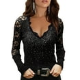 thumbnail image 1 of Gvmfive Women's Lace Stitching Solid Long Sleeve Hot Drilling V-Neck Casual Blouses, 1 of 4