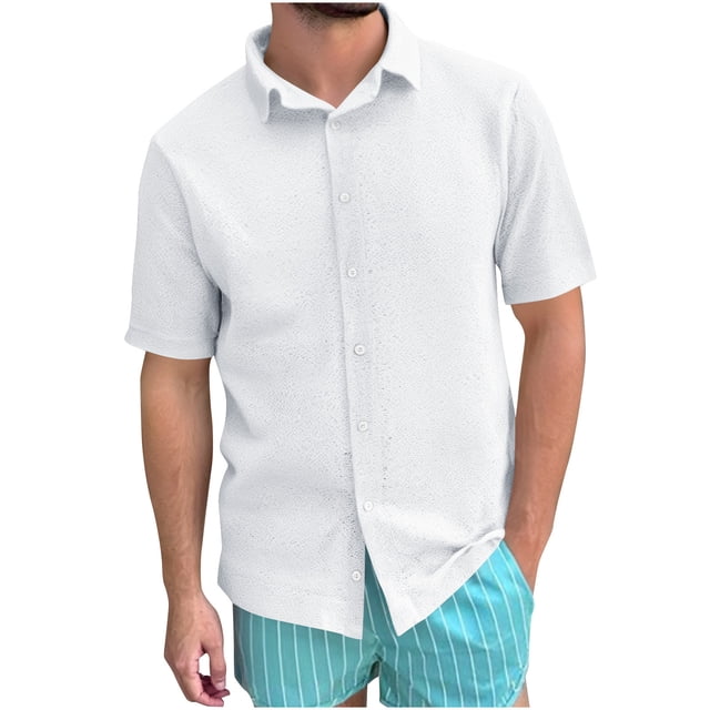 Camisas Casuales de Color Sólido Transparente de Manga Corta Camisa de Solapa de Poliéster Top de Temperamento para Hombres, Moda de Verano para la Playa Y el Ocio