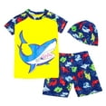 thumbnail image 1 of Kids Boy Cartoon Dinosaur Shark Rashguard Top & Swim Shorts with Hat 3 pcs Set (Blue Shark/Yellow, XL/7-9 Years), 1 of 4