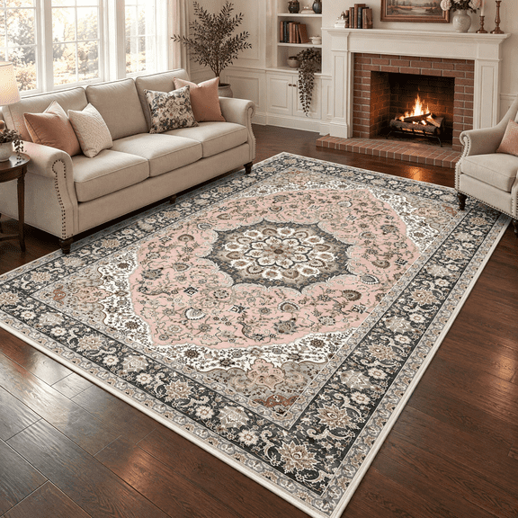 WANLISELL 5'x7' Area Rugs for Living Room, Pink Vintage Floral Washable Rug, Non-Slip Soft Boho Indoor Carpet for Bedroom, Dining Room