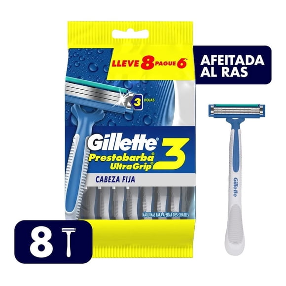 Rastrillo para afeitar desechable Gillette Prestobarba Ultragrip3 de fácil agarre 8 pzas