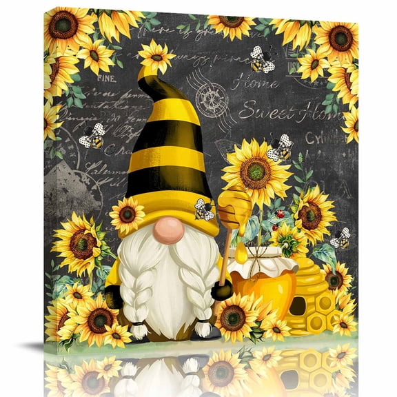 Framed Canvas Wall Art for Living Room Gnome Honey Bee Wall Decor, Sunflower Black Aesthetic Paintings for Bedroom Office Kitchen Bathroom, Ready to Hang Artwork Wall Pictures 8x8 Inch