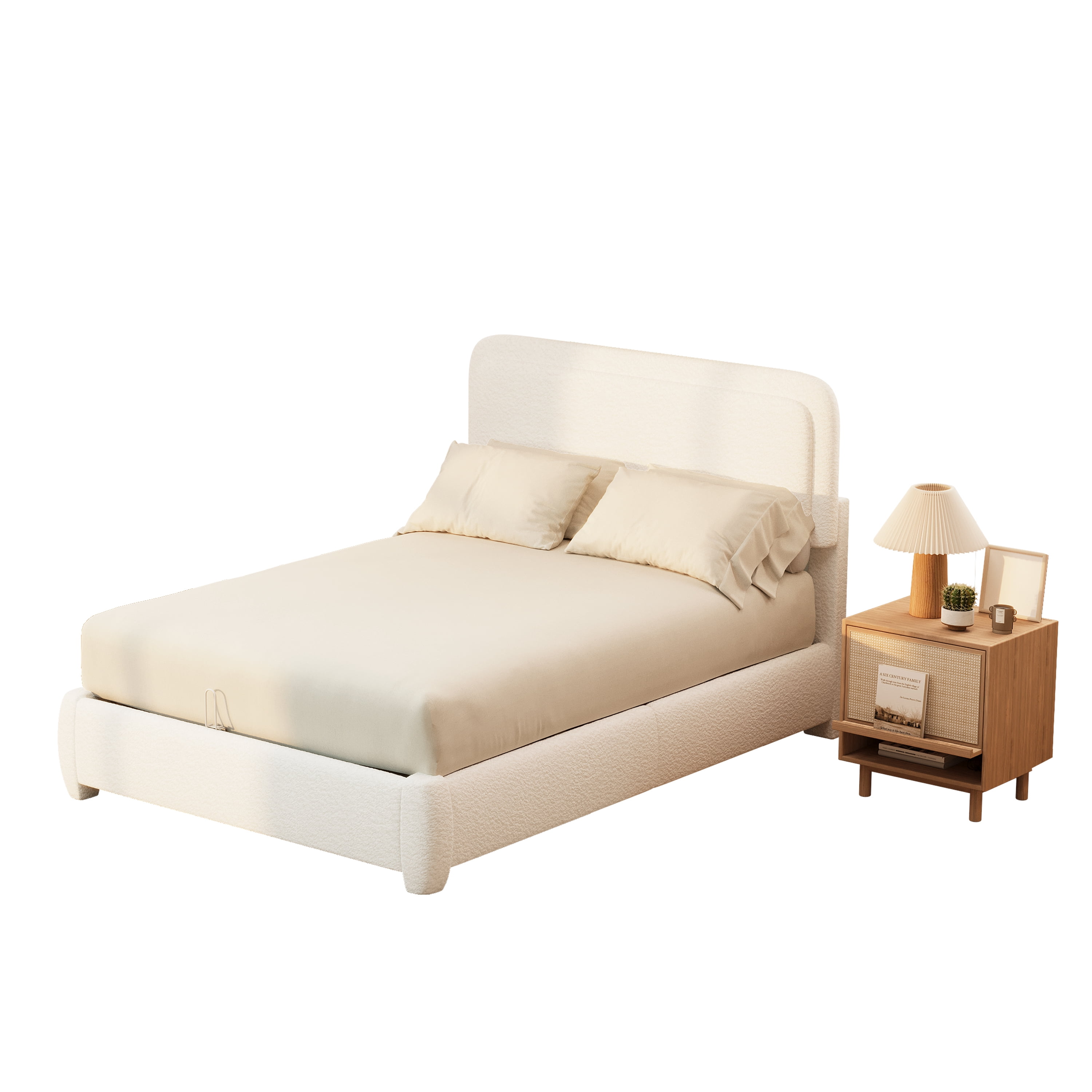 Euroco Boucle Full Size Platform Bed with Height Adjustable Headboard, Low Profile Modern Bed with Curved Cloud Headboard, White