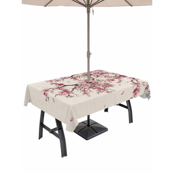 Outdoor Tablecloth with Umbrella Hole for Patio/Picnic/Party/Camping, Cherry Flowers Waterproof Table Cloth Rectangle Table Cover Washable, Spring Modern Pink Floral Branch on Linen (54"x 80")