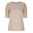 thumbnail image 3 of RYRJJ Women's Summer Tops Fashion Puff Sleeve Casual Loose Crewneck Blouses Solid Tunic T Shirts with Button Cuff(Khaki,M), 3 of 7