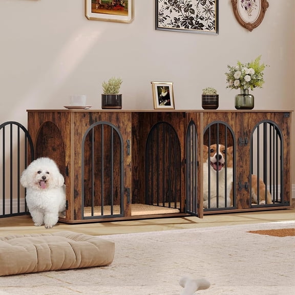 Hzuaneri Dog Crate Furniture for 2 Dogs, 63" Large Dog Kennel with Divider and Cushion for Medium Large Dogs, Double Dog Crate Furniture TV Stand, Rustic Brown