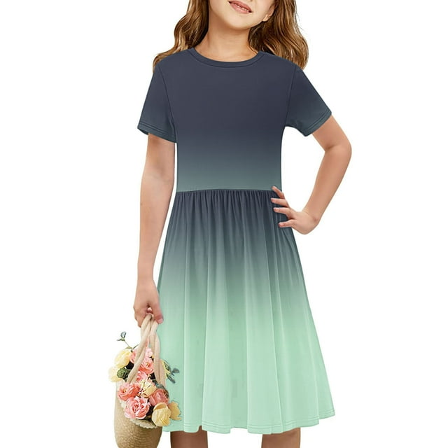 Été jusqu'à 65 % de Rabais Iumwxz Robe Décontractée Trapèze Robe Tunique pour Adolescentes Robes Col Rond Dégradé Graphique Robe à Manches Courtes pour Enfants Robes Tendance pour Costume 4-14 Ans