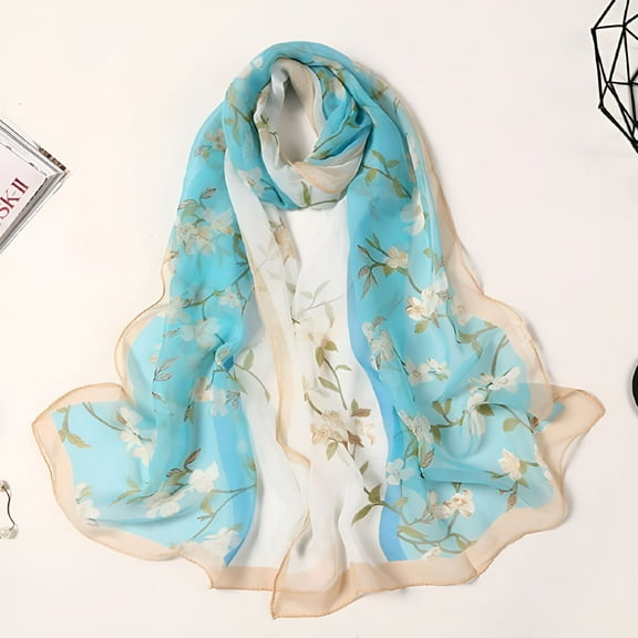 TELOLY Silk Scarf, Scarves for Women Lightweight 160*50cm Women Flower Print Long Soft Wrap Scarf Simulation Silk Shawl Scarves Neck Scarf, Light Blue