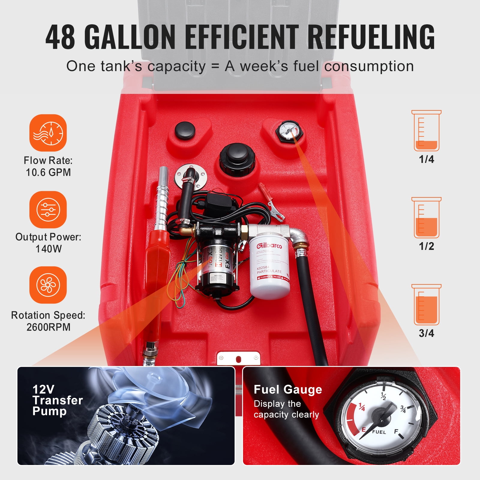 VEVOR Portable Diesel & Gasoline Tank, 48 Gallon, 10.6GPM Flow Rate, Diesel Fuel Tank with 12V Electric Transfer Pump,13.1ft Hose,Auto Fueling Nozzle, Transfer Tank for Easy Fuel Transportation,Red