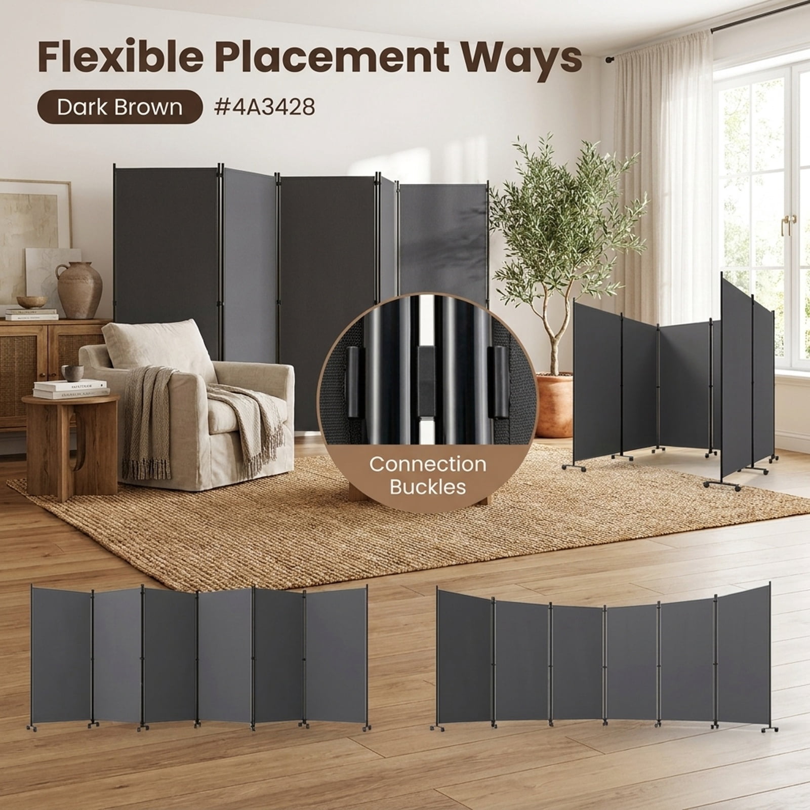 Vebreda 6-Panel Rolling Room Divider Folding Privacy Screen with Lockable Wheels, Freestanding Fabric Partition for Bedroom Office Studio, Gray
