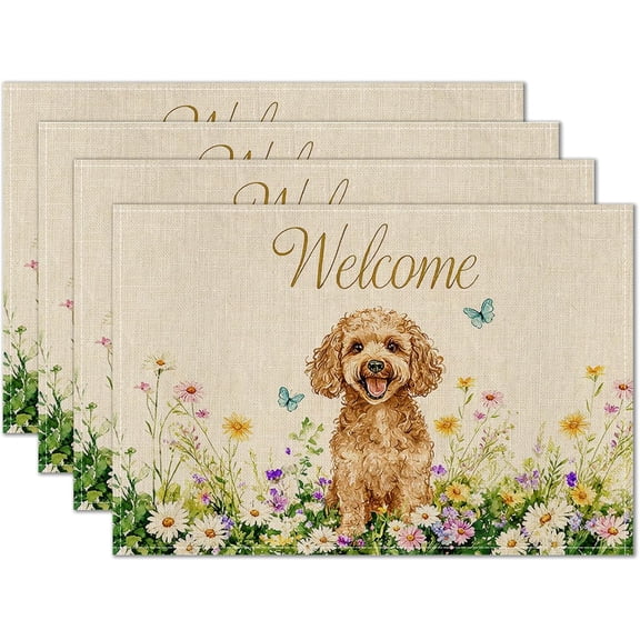 Spring Placemats Set of 4 12x18 inch Puppy Floral Table Mats for Dining Linen Placemats Farmhouse Kitchen Decorations Desk Mat for Outdoor Home Party Kitchen Seasonal