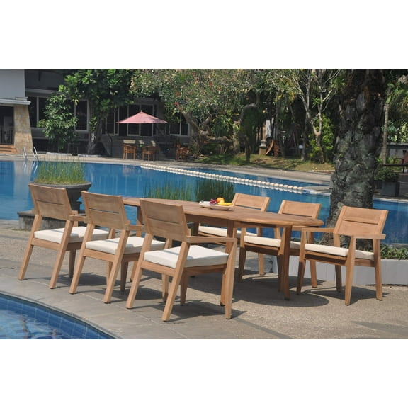 Grade-A Teak Dining Set: 6 Seater 7 Pc: 94" Double Extension Oval Table And 6 Vellore Stacking Arm Chairs Outdoor Patio WholesaleTeak #WMDSWVm