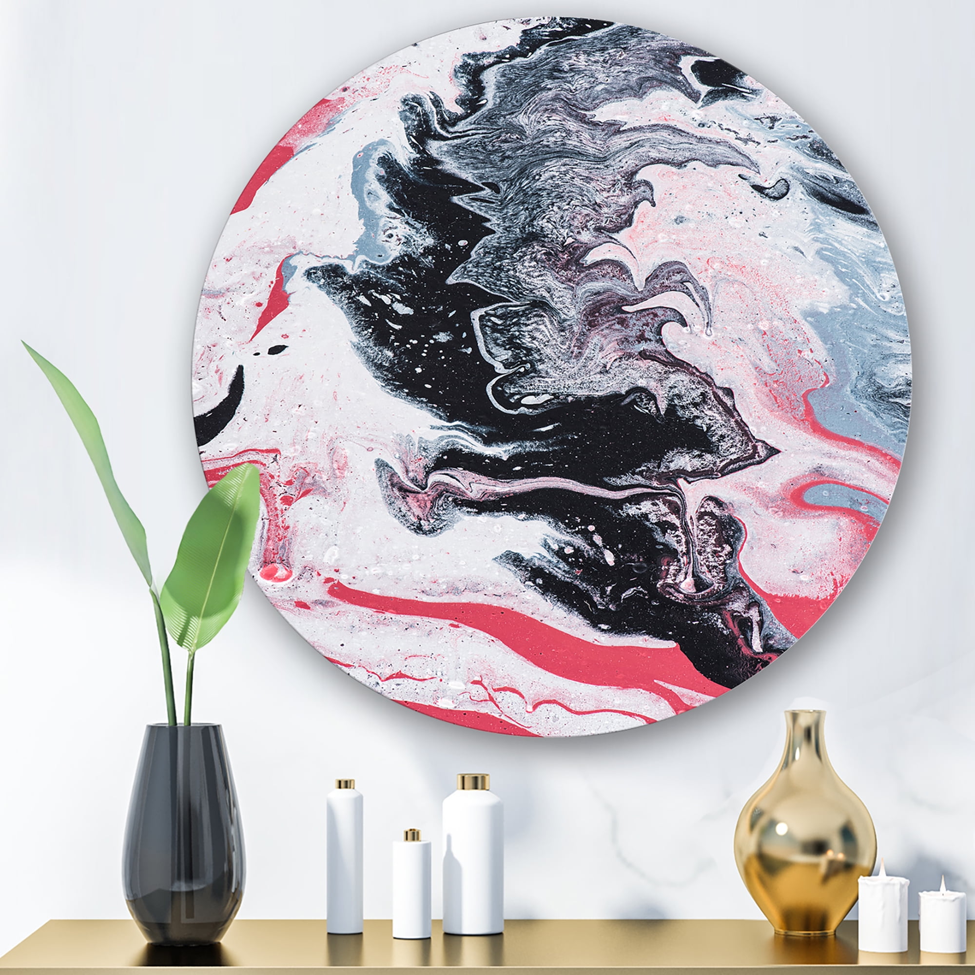 Designart 'Abstract Marble Composition In Gray and Pink I' Modern Circle Metal Wall Art 11x11 - Disc of 11