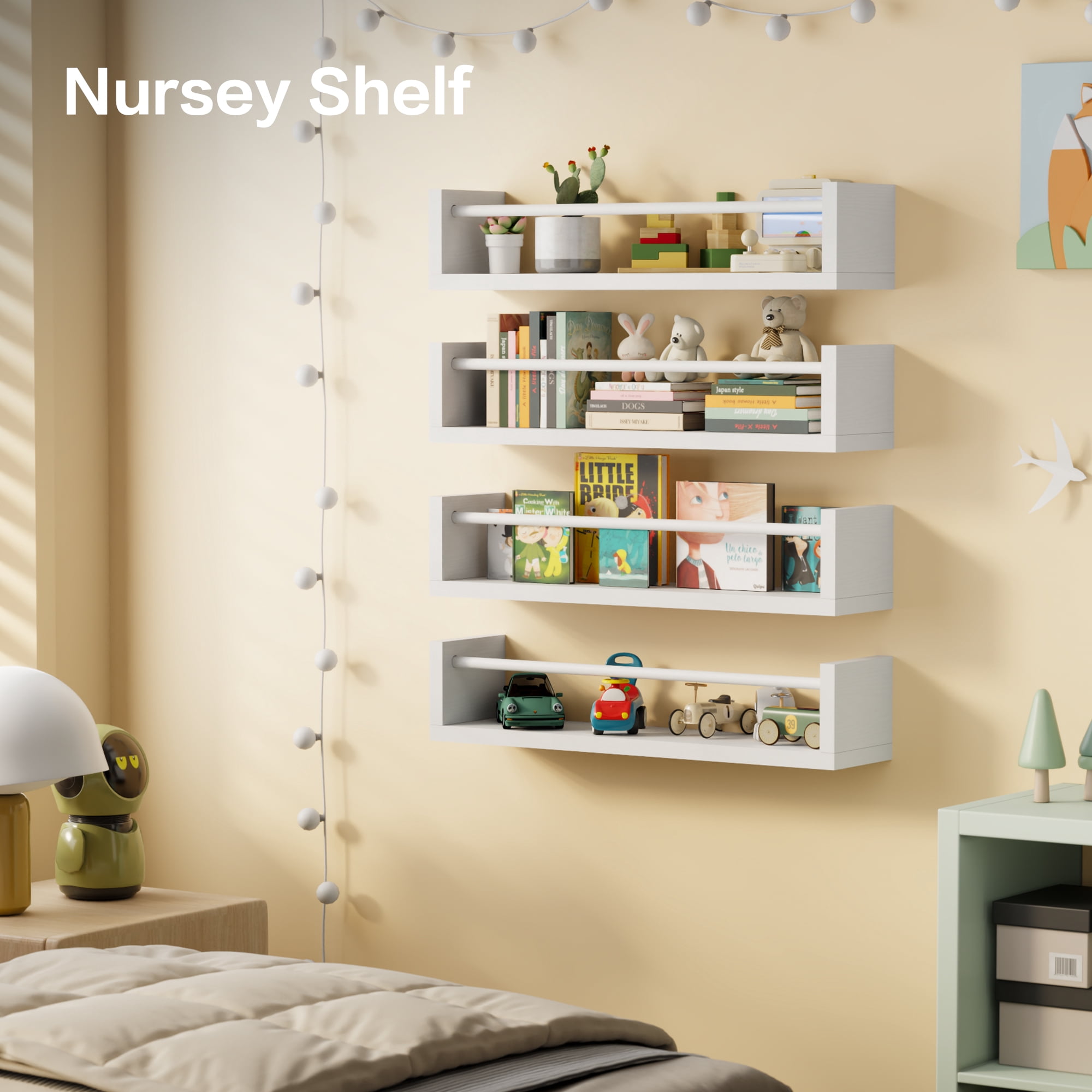 VUSIGN 4-Tier Wall Kids Bookshelf, 16.5” Floating Nursery Book Shelves for Kids Room Toddler Bedroom Furniture Toy Storage