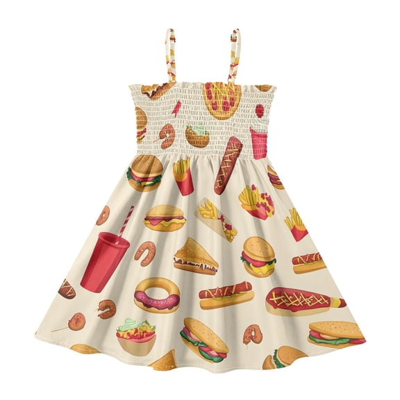 Burger Cola Pattern Girls' Casual Dresses 2Y-8Y Sleeveless Ruffle Neck for Summer Daily Wear