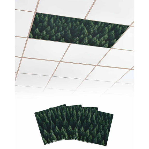 Green Forest Fluorescent Light Covers for Ceiling Lights 4x2 feet,4 Pack Magnetic Light Filters for Classroom,Modern Pine Trees Mysterious Art Fluorescent Light Shade Panel for Office School Drop