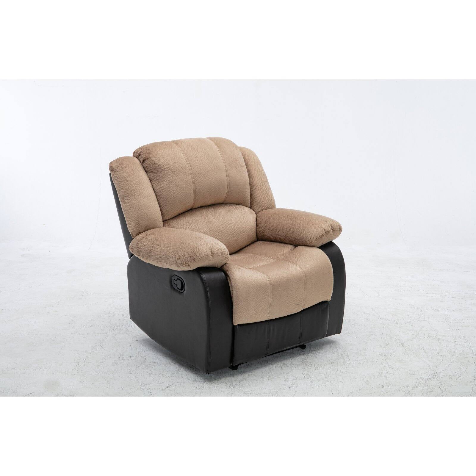 Nathaniel Home Champion Manual Single Reclining Sofa, PU Leather Upholstered Couch, Tufted Recliner, Plush Scoop Seating, for Living Room Home Theater, Beige