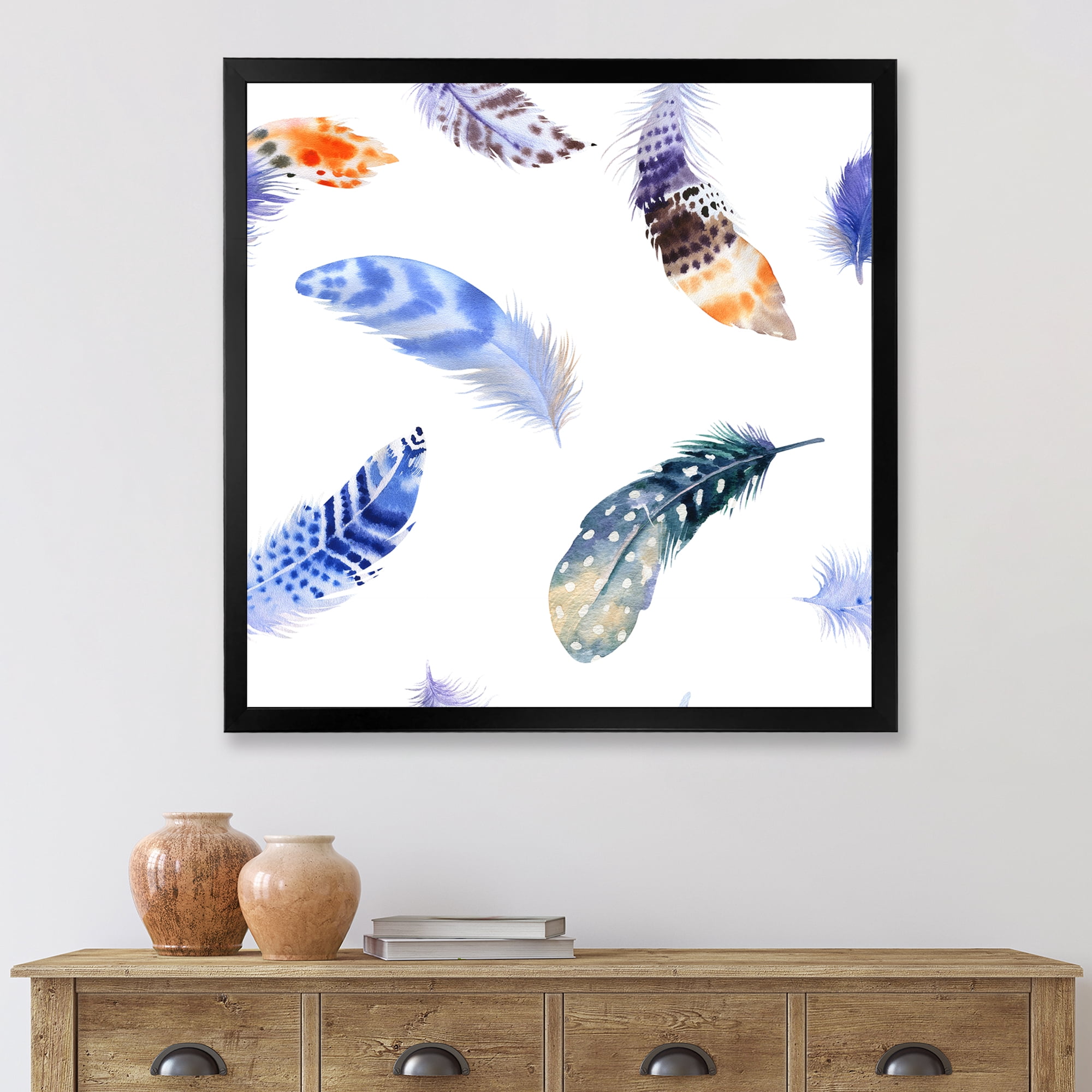 Designart 'Colourful Boho Feather Set On White VII' Bohemian & Eclectic Framed Art Print