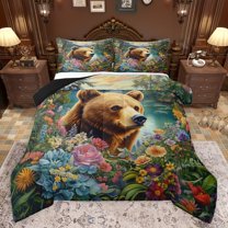 Feelyou Rustic Bear Animal Queen Comforter Set, Spring Flower Floral Bedding Sets, Jungle Wildlife Print Reversible Bedding Comforter Set, Lightweight Room Decor, 3pcs