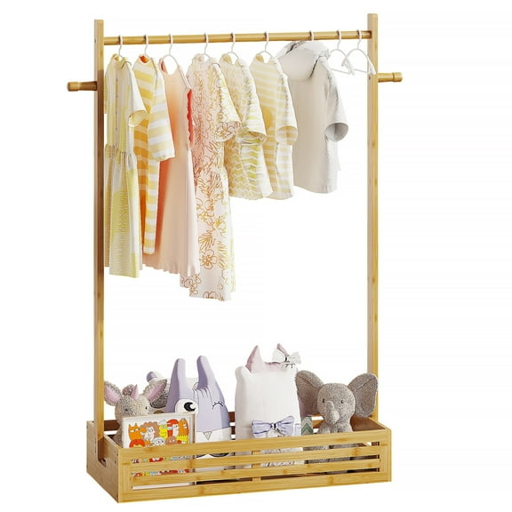 BAMBOOHOMIE Kids Clothing Rack, Pets Clothes Rack with Storage Box & Hanging Rod for Dogs Cats, Portable Toddler Closet Rack for Nursery, Natural Bamboo