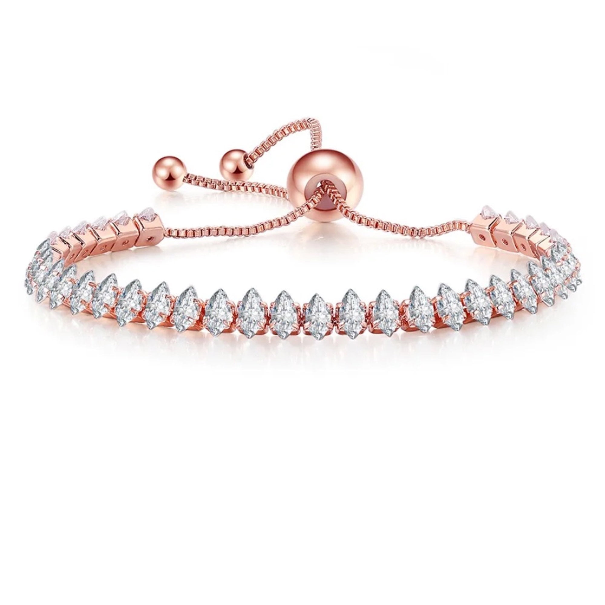 24K Rose Gold Created White Sapphire Marquis Cut Adjustable Unisex Bracelet Plated by Paris Jewelry