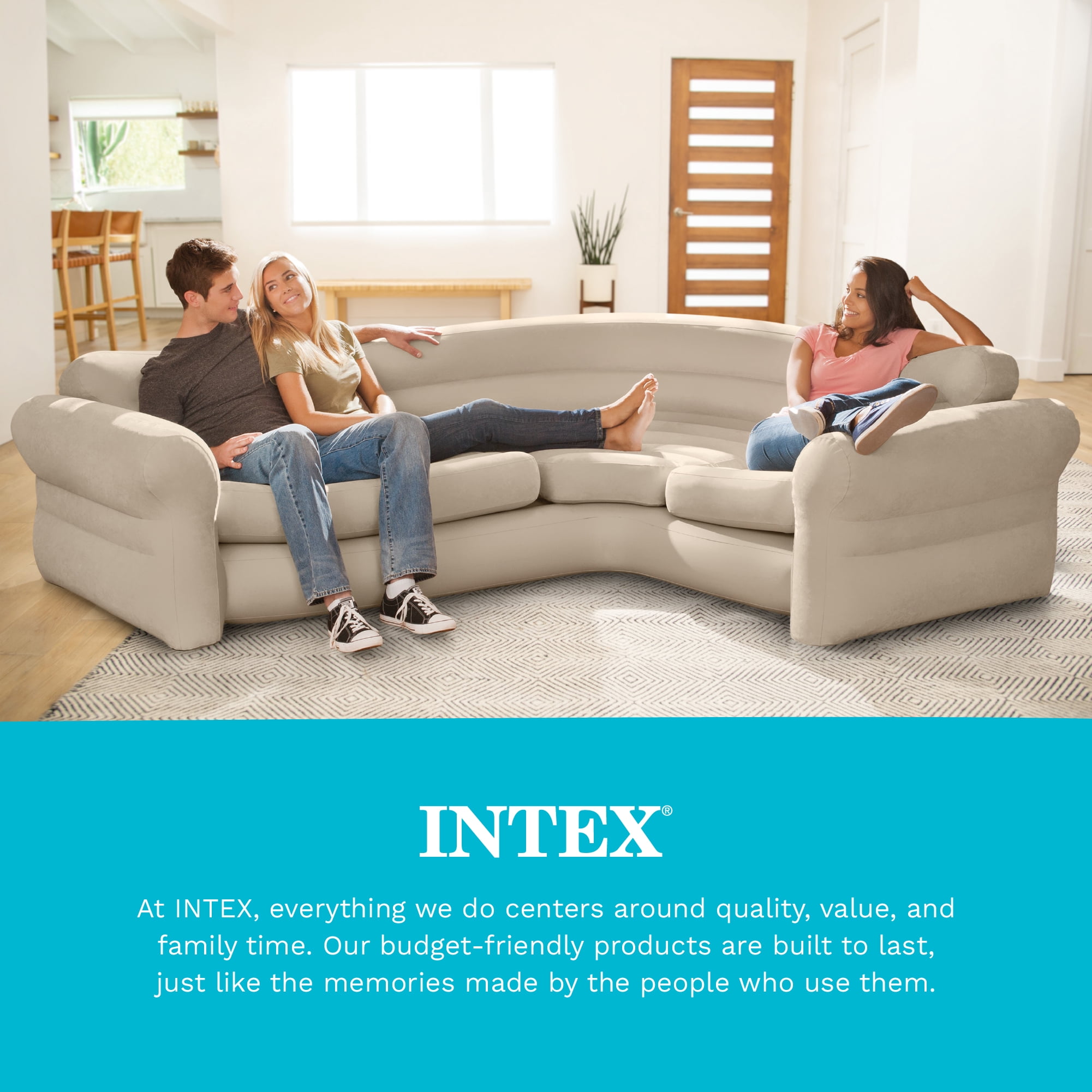 Intex Inflatable Corner Living Room Air Mattress Sectional Sofa, Beige