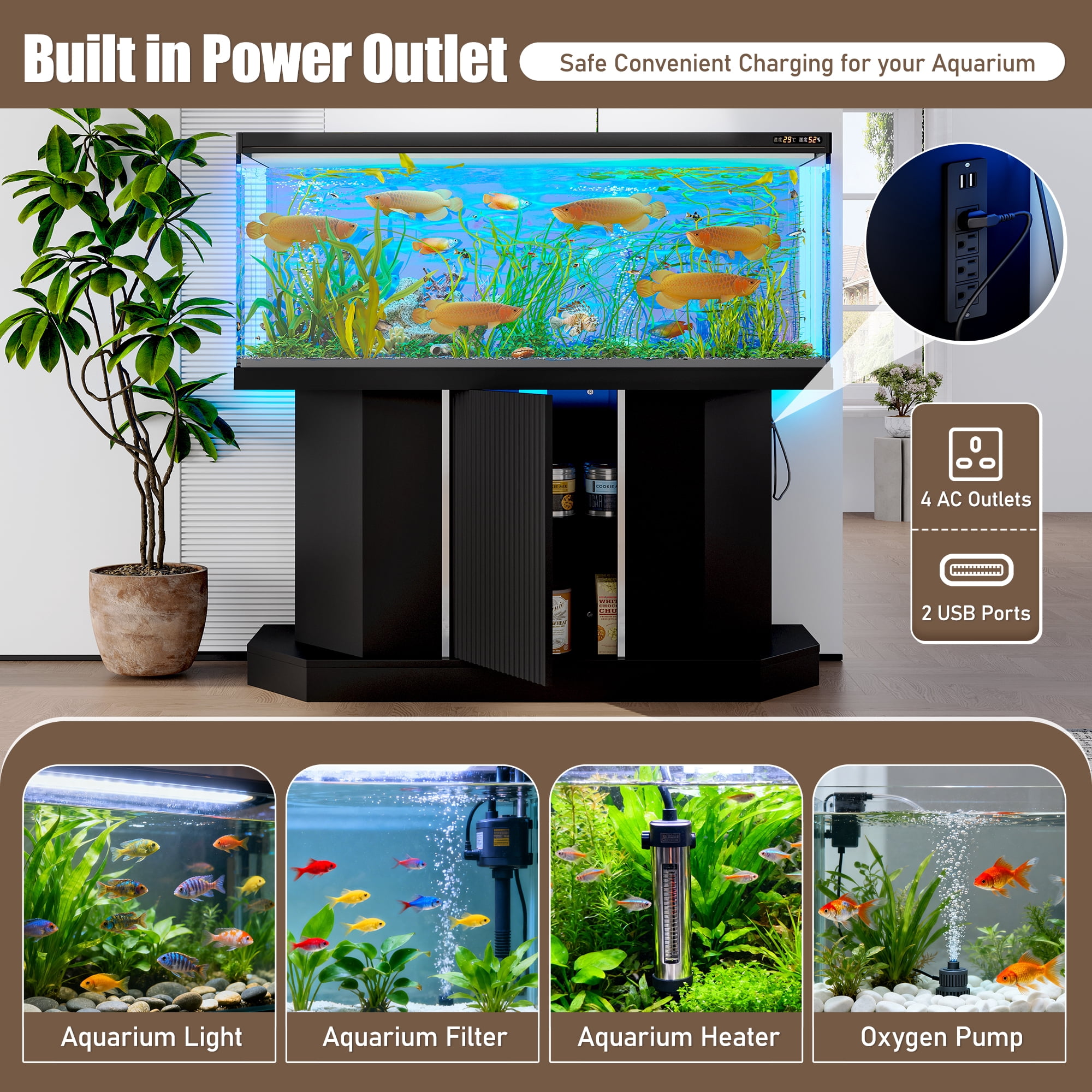 Euroco Modern 55-75 Gallon Fish Tank Stand with Power Outlet (4 AC 2 USB Ports), Heavy Duty Aquarium Stand with Cabinet Storage for Fish Tank, Turtle Tank