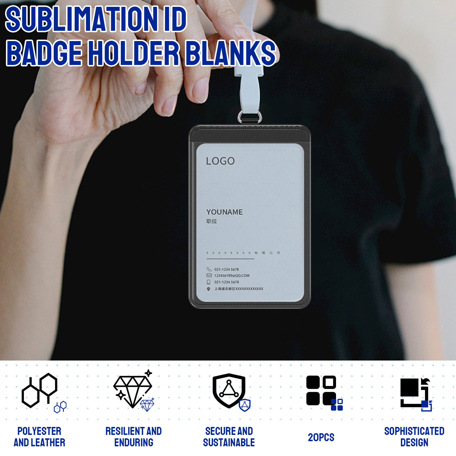 FKSZLL 20 Pcs Sublimation ID Badge Holder PU Leather Heat Transfer Print Vertical ID Card Holders Waterproof Name Tag Holders Blank for Coach Office Employees Students