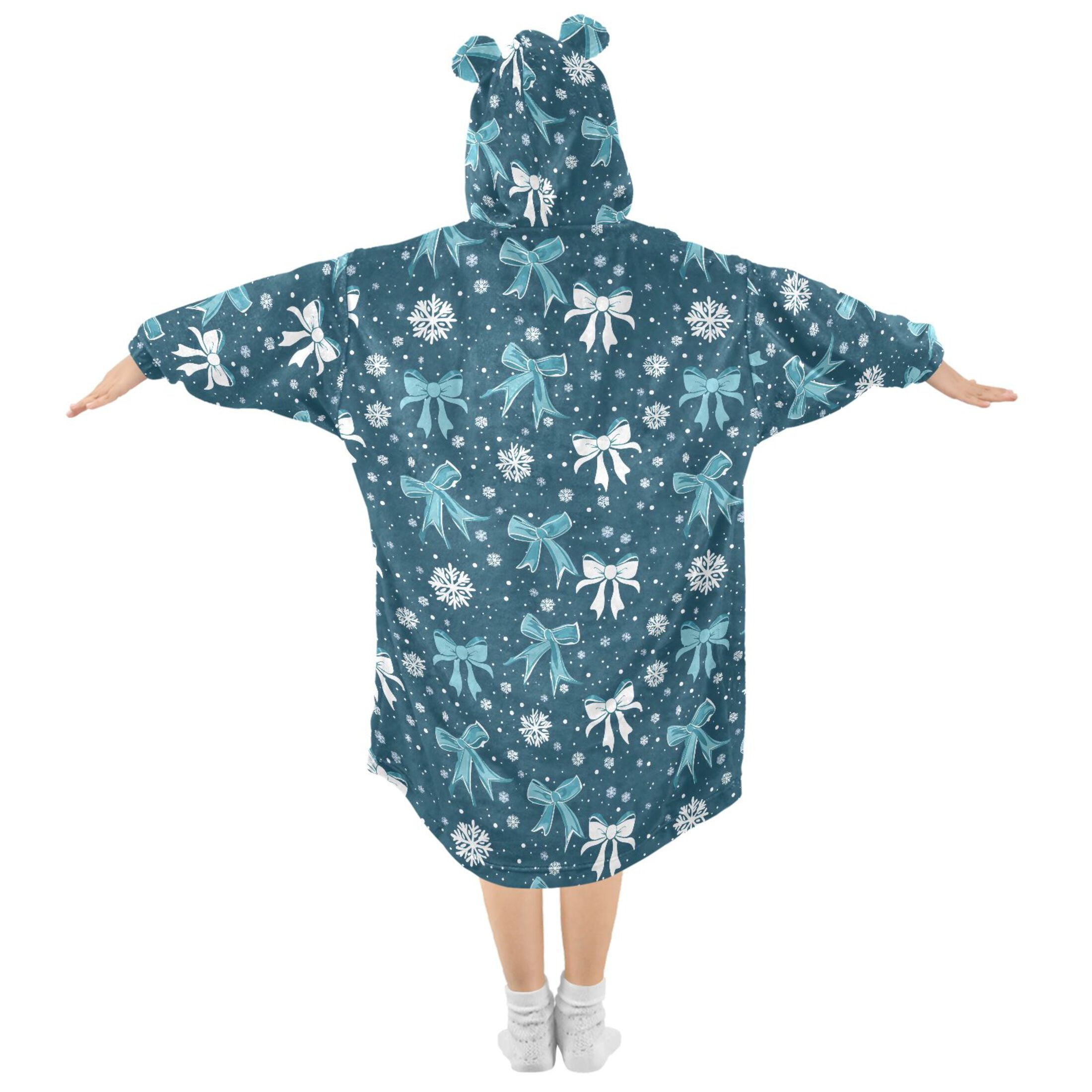 Wearable Blanket Hoodie for Kids White Blue Bow Snowflakes Flannel Hooded Blanket with Pockets and Sleeves Suitable for Boys and Girls
