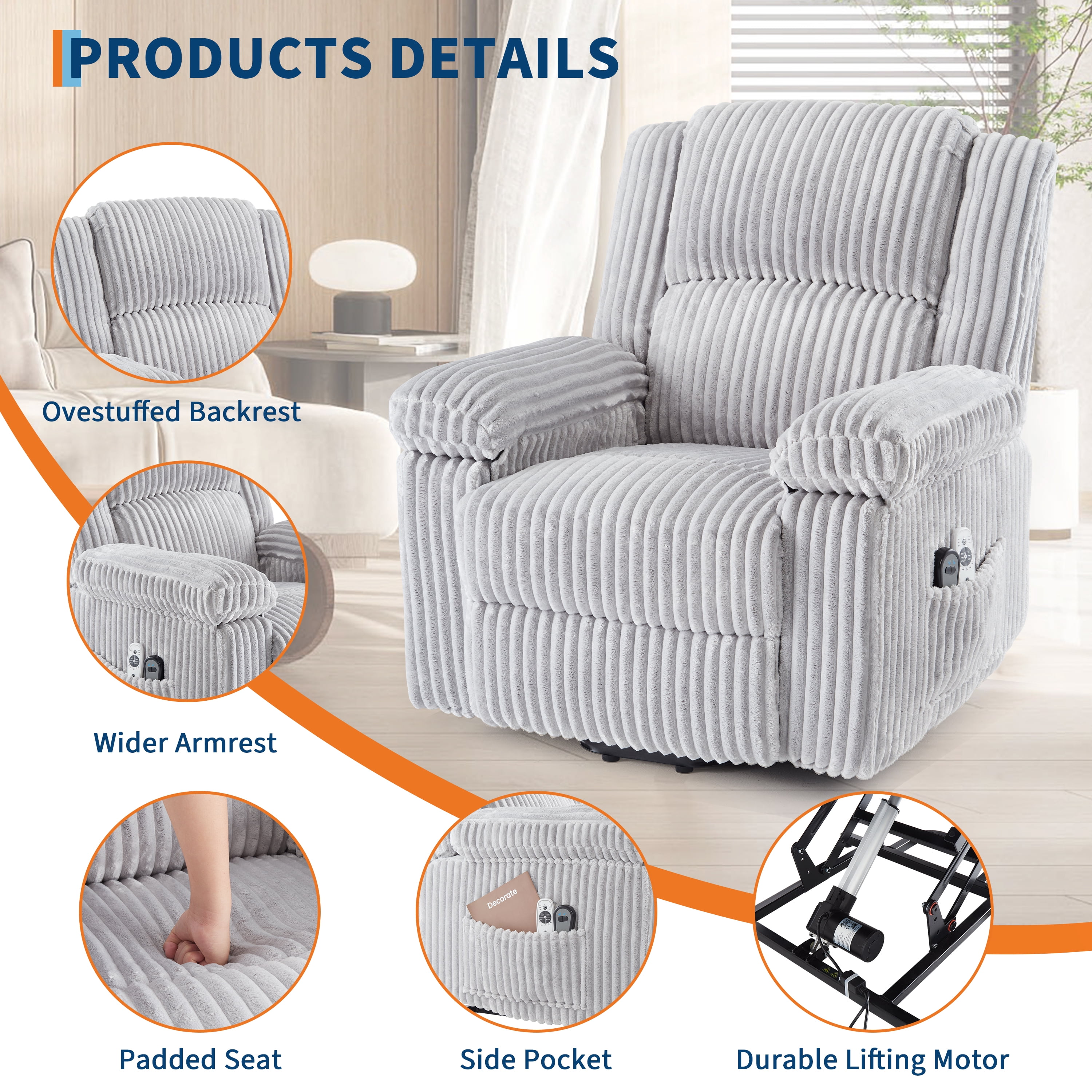 Garvee Electric Power Lift Recliner Chair Sofa with Massage and Heat,4 Positions,Side Pockets,Grey