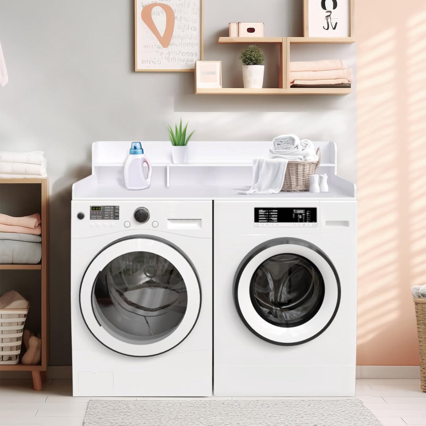 2-Tier Washer Dryer Countertop with Edge Rails, Washer and Dryer Double Topper, Water-Resistant Laundry Topper for Laundry Hamper Counter Storage, Black, 54" W x 27.5" D, White