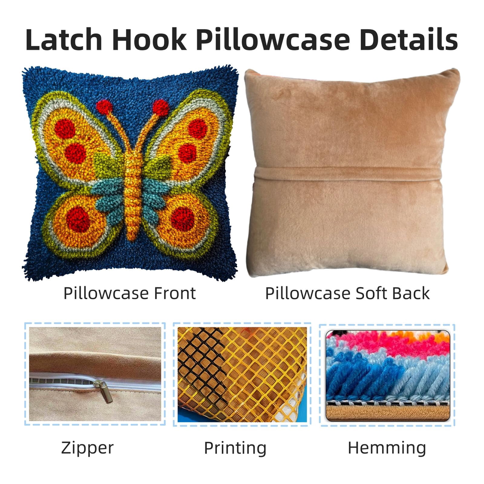 DIY Latch Hook Pillow Kits Yellow Butterfly with Red Wing Printed Pillowcase Crochet Yarns Hooking Handmade Pillow Cover Cushion for Home Sofa Decoration 17x17inch-3