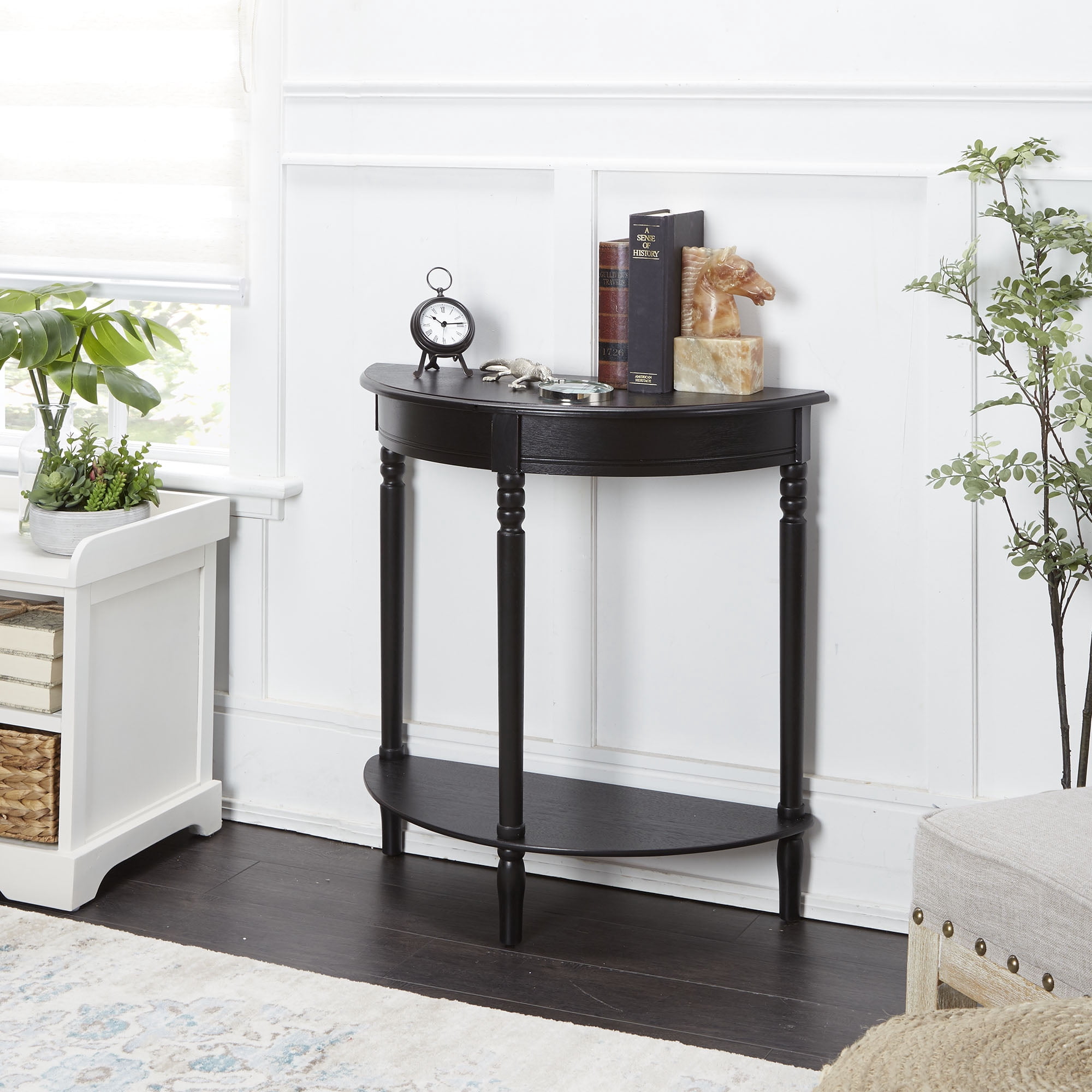 Decor Therapy Simplify Half Round Accent Table, Shelf Side, 28.5" x 28.5" x 12" - Black