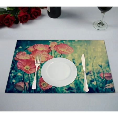 

GCKG Red Poppy Flower Placemat Romantic Floral Pattern Sunset Sky Placemat 12x18 Inch Set of 2