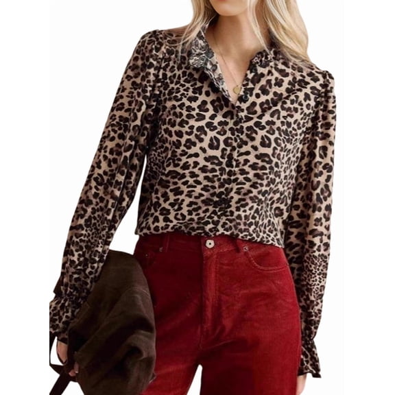 Women Cheetah Print Top Leopard Blouse Ruffle Sleeve Button Down Work Shirts Business Dressy Office Outfits Brown XL
