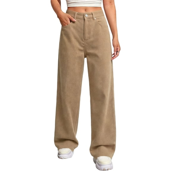 Daiosportswear Straight Leg Jeans for Women,High Waisted Wide Leg Loose Stretchy Boyfriend Denim Pants Baggy Jeans for Women,pants for women Khaki L(L)