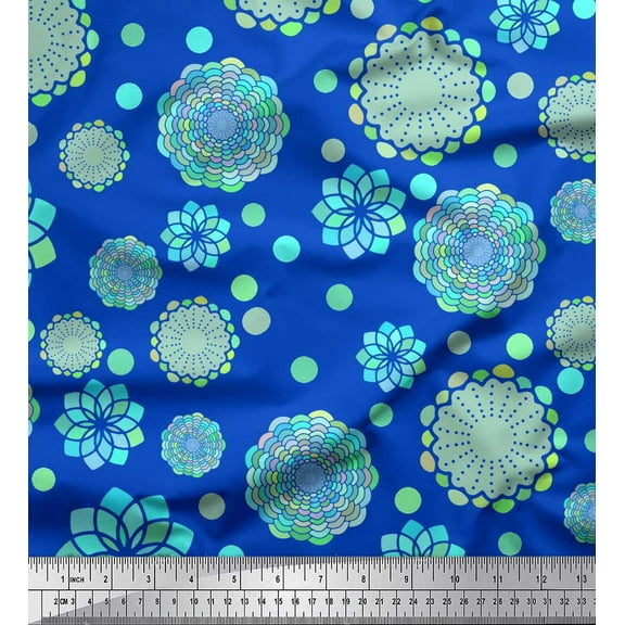 Soimoi Blue Cotton Duck Fabric Artistic Flower & Geometric Print Fabric by the Yard 42 Inch Wide