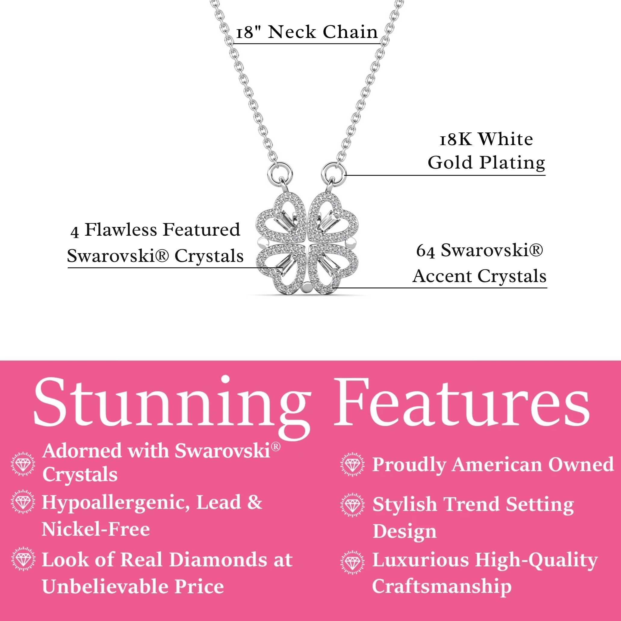 Cate & Chloe Posie 18k White Gold Plated Heart Clover Necklace with Swarovski Crystals for Women