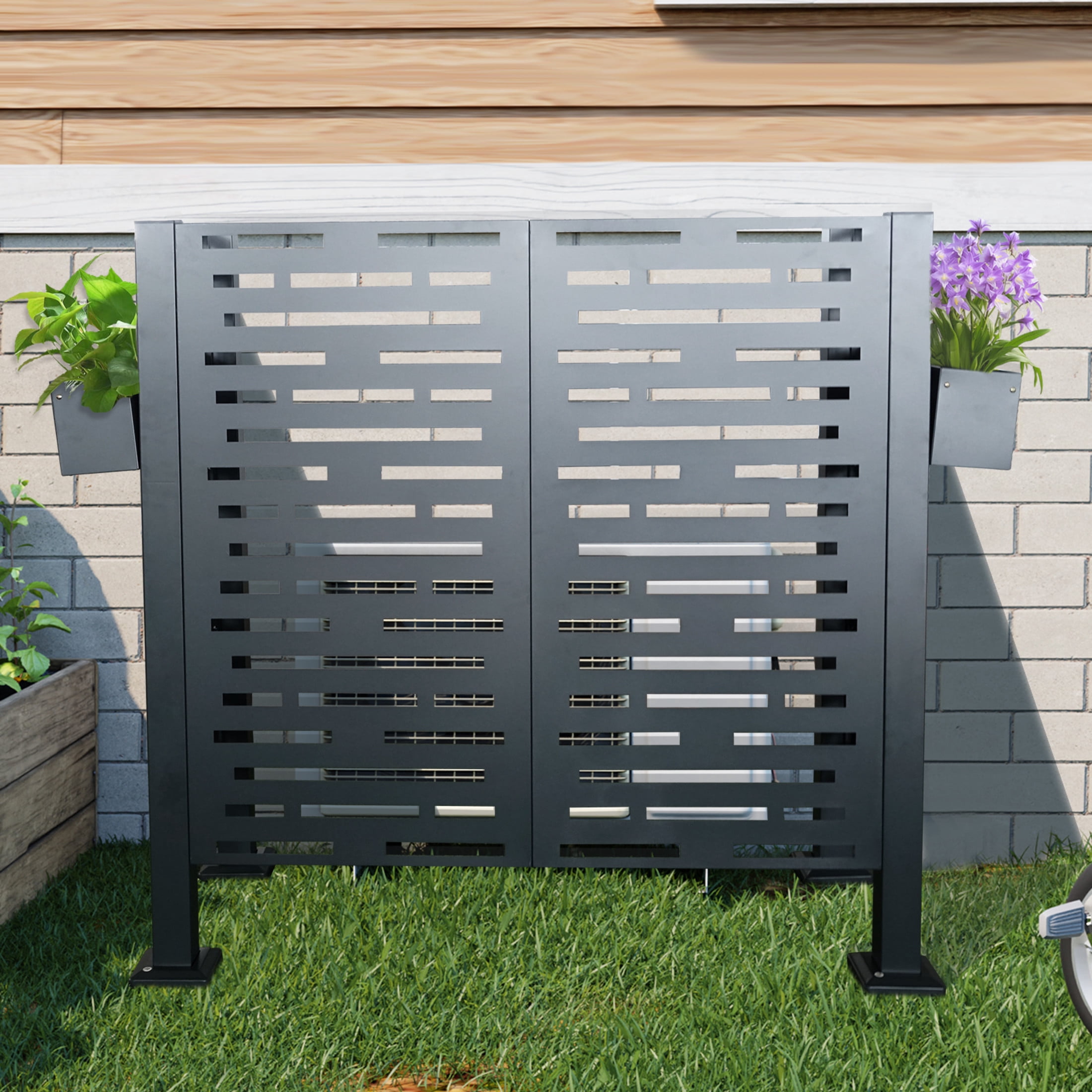Noble House 4x4 FT Air Conditioner Fence Cover, Galvanized Steel Outdoor Unit Privacy Screen with Planters, Charcoal