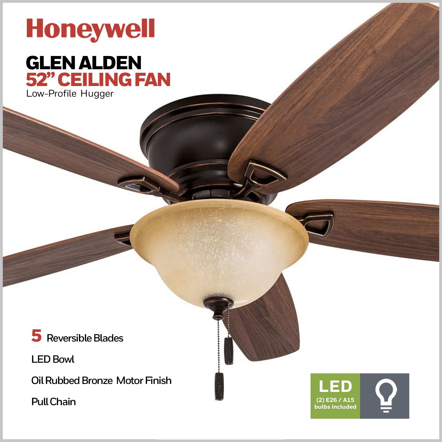 Honeywell Glen Alden 52" Bronze Low Profile Ceiling Fan with 5 Blades, Bowl Light Kit, Pull Chains & Reverse Airflow