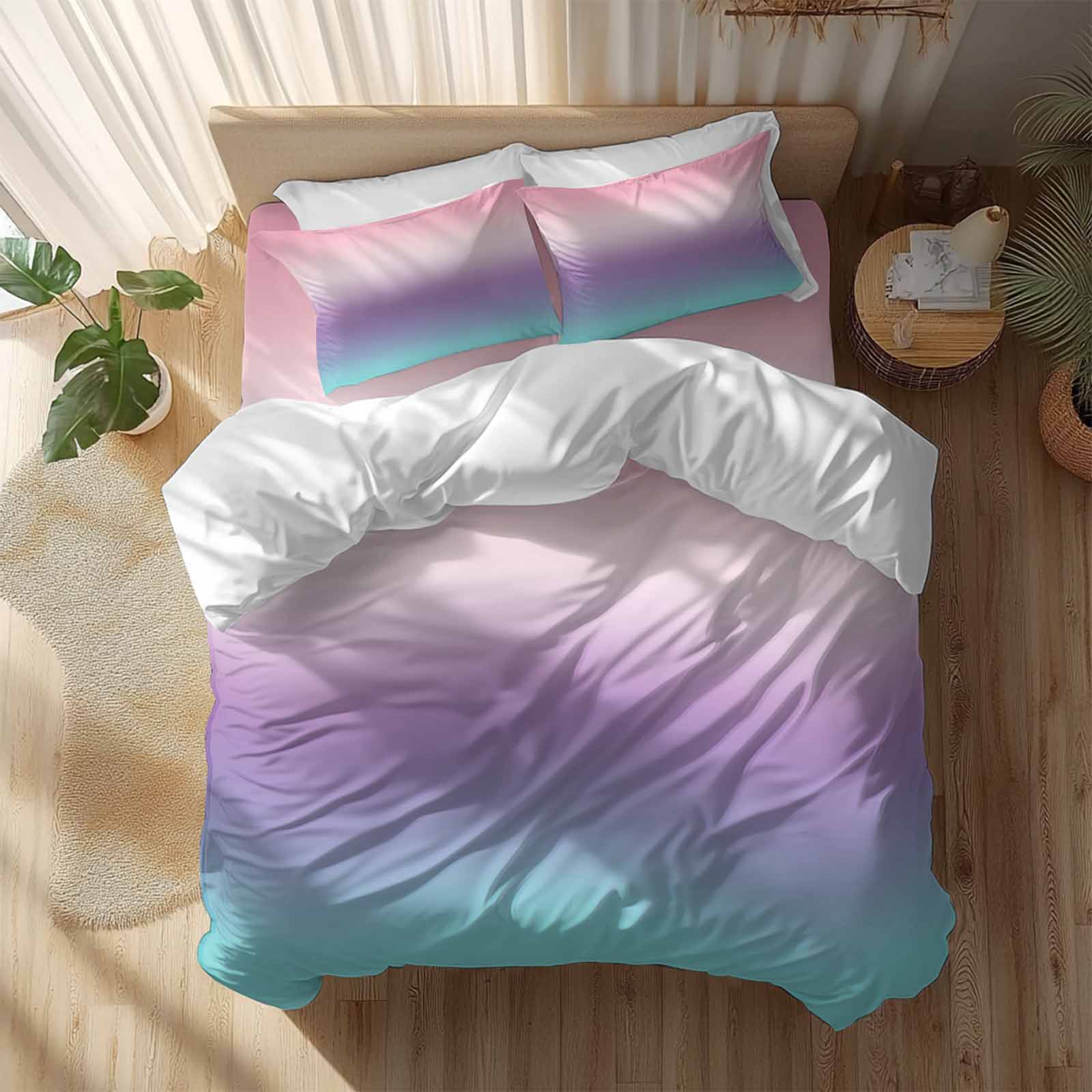 Purple Pink Duvet Cover Set King Size, Teal Gradient 4 Piece Soft Microfiber Bedding Set with 1 Duvet Cover, 1 Flat Sheet, 2 Pillowcases